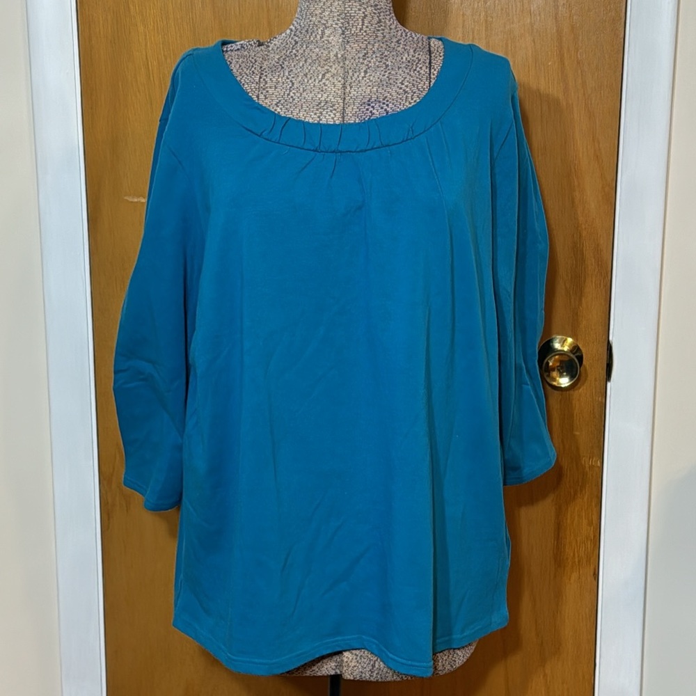 Erika Womens XL Teal Blue Scoop Neck Mid Length Sleeve Blouse